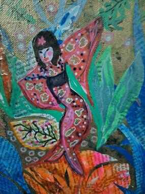 12x12 original art signed by artist Mix media paper acrylic on canvas ASIAN MERM